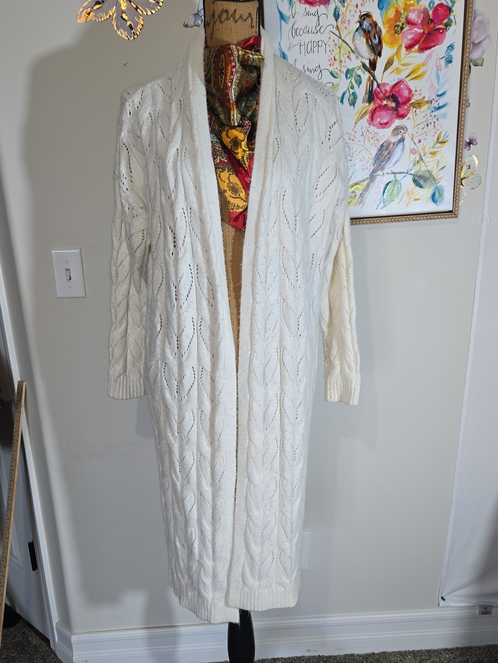 Joie Ivory Open-Front Long Cable-Knit Cardigan
